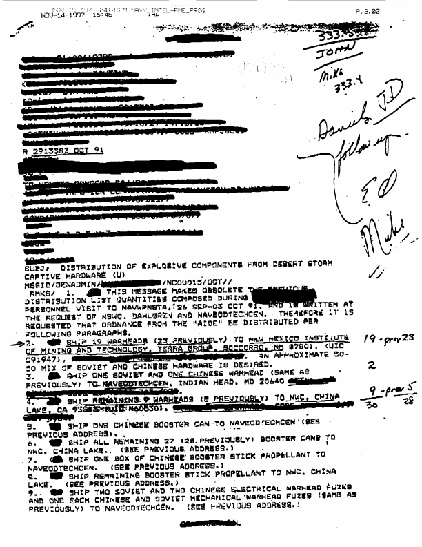 US Navy, Message, Subject: �Distribution of Explosive Components from Desert Storm Captive Hardware,� 291338Z October 1991