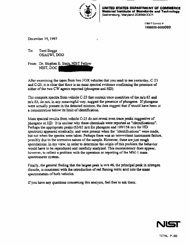 Letter from National Institute of Standards and Technology, No Subject,  December 19, 1997