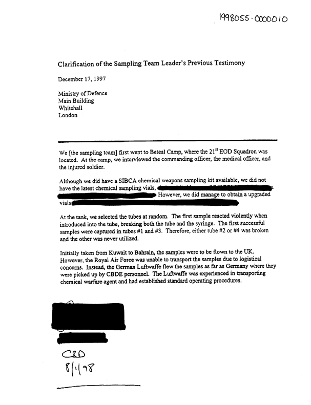 Memorandum from UK Ministry of Defence, Subject:  �Clarification of the Sampling Team Leader�s Previous Testimony,� December 17, 1997, 