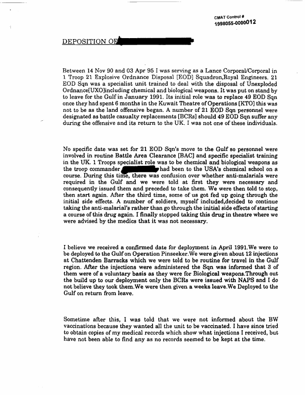 UK Ministry of Defence,  Deposition of injured British soldier, December 5, 1997