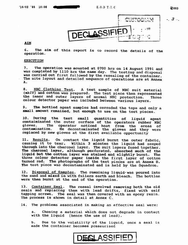 Report from 21st EOD Squadron Group, Subject: �Report on the Resealing of the Salabiyah Chemical Container,� August 25, 1991