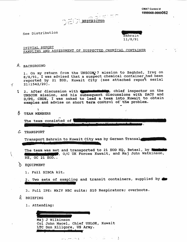 Initial report  from sampling team leader,: �Sampling and Assessment of Suspected Chemical Container,� August 11, 1991