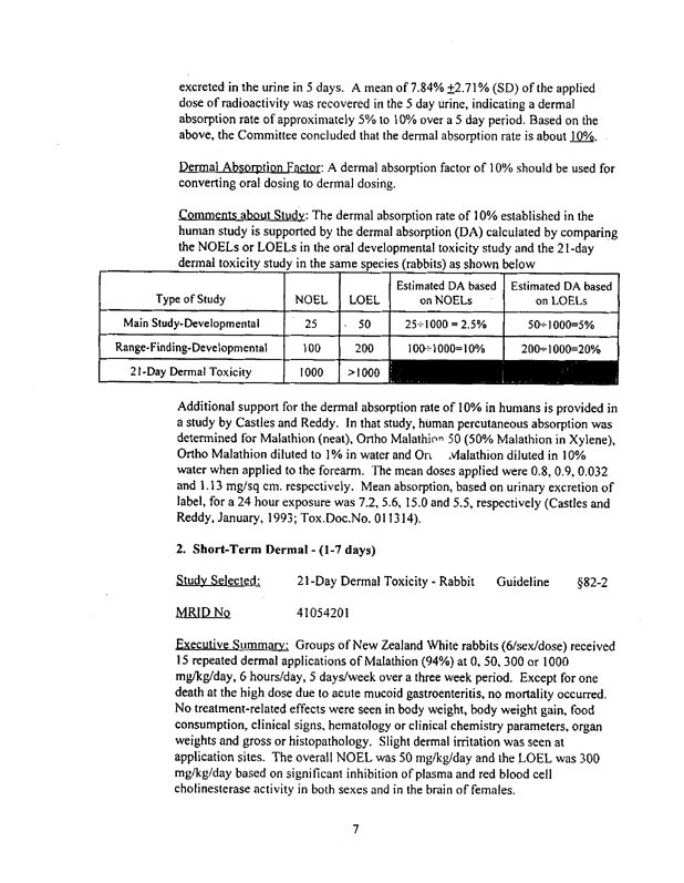 Memorandum for US Environmental Protection Agency, Office of Pesticide Programs, Health Effects Division, �Malathion - Report of the Hazard Identification Assessment Review Committee,�  December 17, 1997, p. 7.  Recommended value based on a human dermal