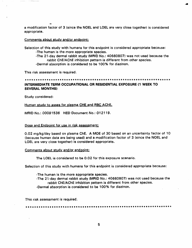 US Environmental Protection Agency, Office of Pesticide Programs, Health Effects Division, Toxicology Endpoint Selection Document for Diazinon, doc. no. 013157), June 4, 1997, p. 4.