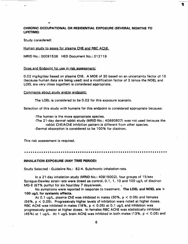 US Environmental Protection Agency, Office of Pesticide Programs, Health Effects Division, Toxicology Endpoint Selection Document for Diazinon, doc. no. 013157), June 4, 1997, p. 4.