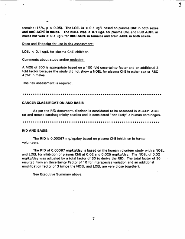 US Environmental Protection Agency, Office of Pesticide Programs, Health Effects Division, Toxicology Endpoint Selection Document for Diazinon, doc. no. 013157), June 4, 1997, p. 6.