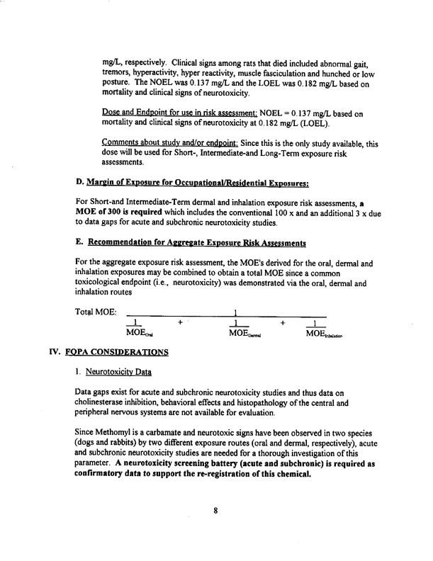 US Environmental Protection Agency, �Methomyl-Report of the Hazard Identification Assessment Review Committee,� doc. # 012515, March 3, 1998, p. 11.