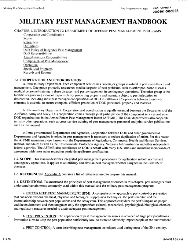   Armed Forces Pest Management Board, Military Pest Management Handbook, not dated, possibly 1992, p. 5.
