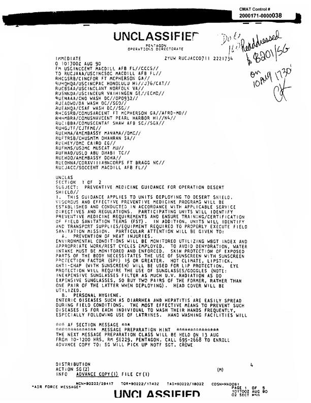 US Central Command, USCENTCOM Surgeon message, Subject: �Preventive Medicine Guidance for Operation Desert Shield,� August 10, 1990, p. 2.
