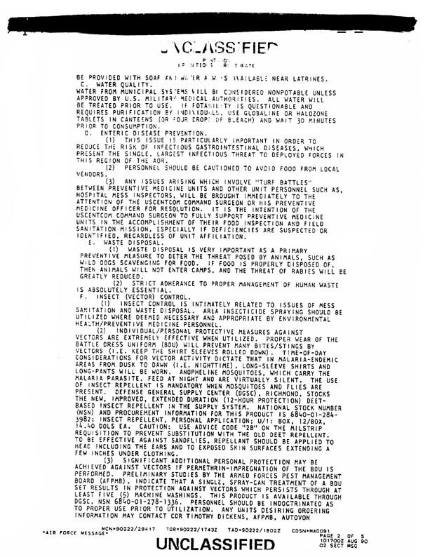 US Central Command, USCENTCOM Surgeon message, Subject: �Preventive Medicine Guidance for Operation Desert Shield,� August 10, 1990, p. 2.