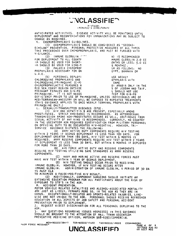   US Central Command, CENTCOM Surgeon message, Subject: �Preventive Medicine Guidance for Operation Desert Shield,� August 10, 1990, p. 2.