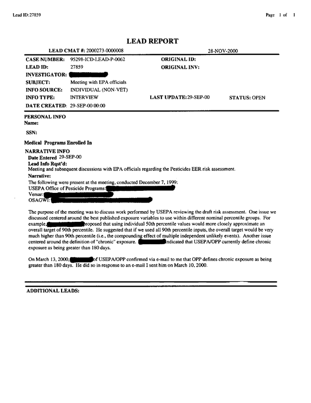   Lead Sheet #27859, Meeting with EPA, December 7, 1999.