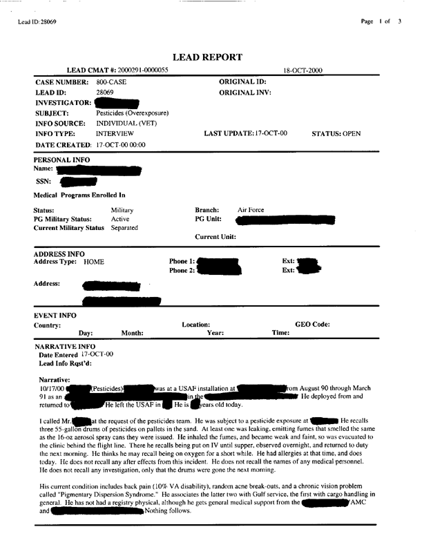 Lead Sheet #28069, Interview with airman, October 17, 2000.