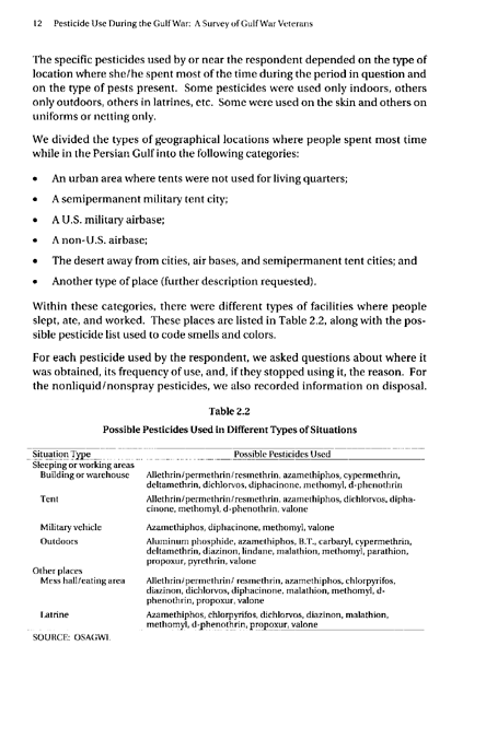 Fricker, RD, E Reardon, DM Spektor, SK Cotton, J. Hawes-Dawson, JE Pace, and S D Hosek, Pesticide Use During the Gulf War: A Survey of Gulf War Veterans, RAND, July 2000, pp. 7-16.