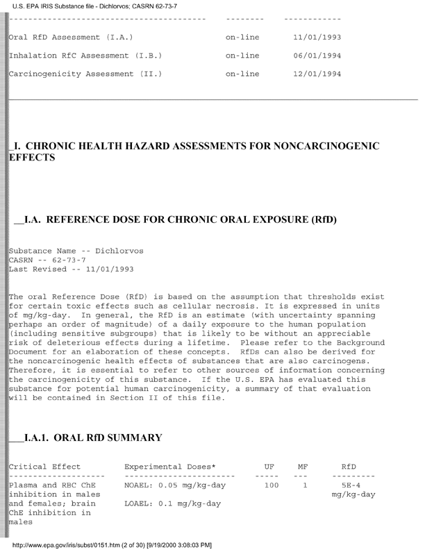 Environmental Protection Agency, Integrated Risk Information System (IRIS), �Dichlorvos,� [online]. Available from http://www.epa.gov/iris/subst/0151.htm. [Updated September 24, 2002.], p. 12.