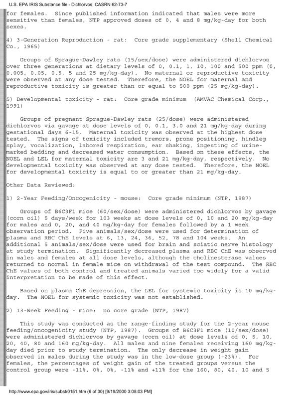 Environmental Protection Agency, Integrated Risk Information System (IRIS), �Dichlorvos,� [online]. Available from http://www.epa.gov/iris/subst/0151.htm. [Updated September 24, 2002.], p. 12.