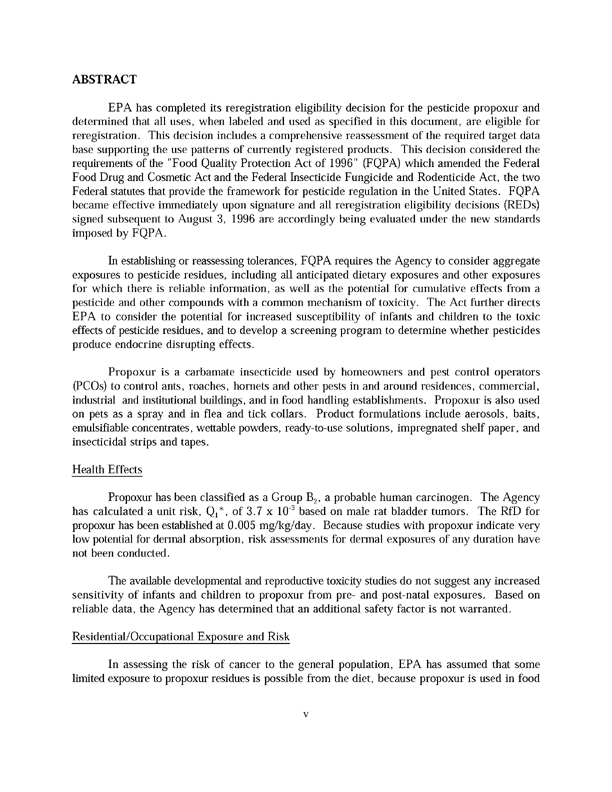 Environmental Protection Agency, �Propoxur: ReregistrationEligibility Decision (RED),� EPA #738-R-97-009, August 1997. P. v.