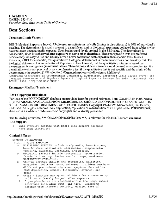 National Library of Medicine/National Institutes of Health (September 24, 2002), TOXNET Summary of Diazinon (CASRN 333�41�5), p. 4.