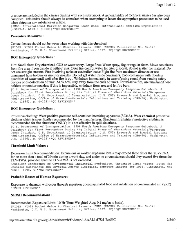 National Library of Medicine/National Institutes of Health (September 24, 2002), TOXNET Summary of Diazinon (CASRN 333�41�5), p. 4.
