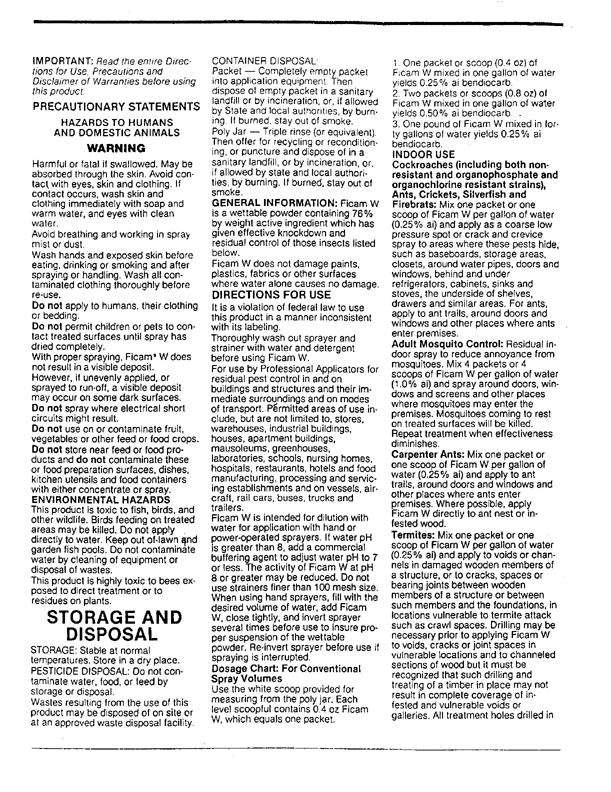 NOR-AM Chemical Company, Specimen Label for Ficam W Wettable Powder Insecticide (contains 76% bendiocarb),Wilmington, DE, (no date), p. 1.