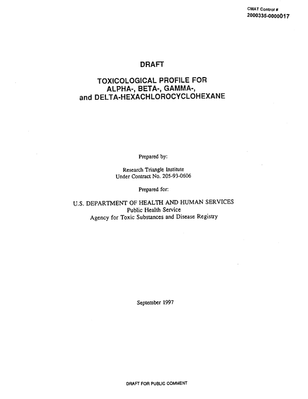 Agency for Toxic Substances and Disease Registry, Toxicological Profile for Alpha-, Beta-, Gamma-, and Delta-Hexachlorocyclohexane-Update, , US DHHS, Public Health Service, Atlanta, GA., September 1997, p. 78.