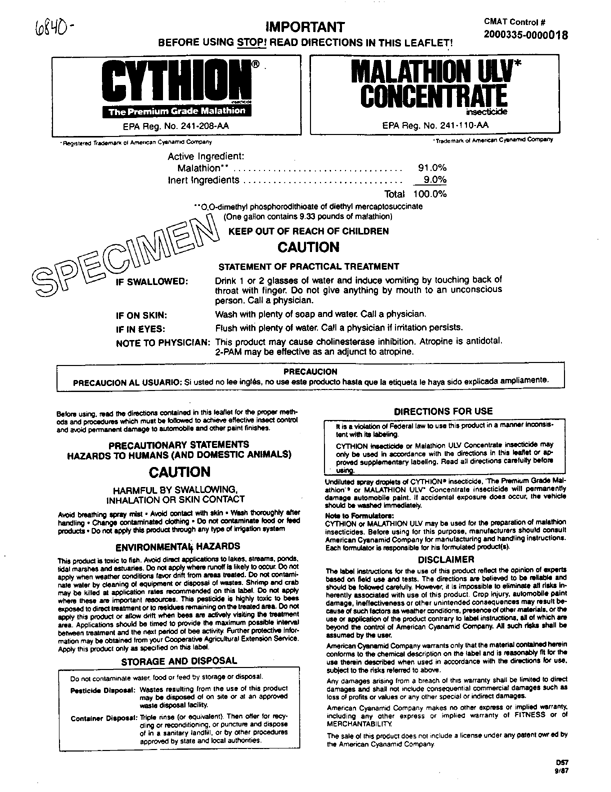 American Cyanamid Co.,  Specimen Label for Cythion Malathion ULV Concentrate (contains 91.0% malathion).