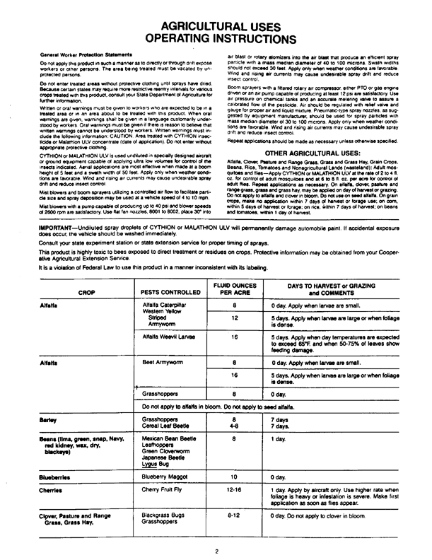 American Cyanamid Co.,  Specimen Label for Cythion Malathion ULV Concentrate (contains 91.0% malathion).