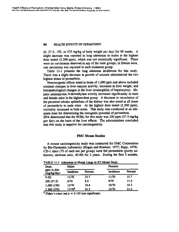 National Research Council, Committee on Toxicology, Health Effects of Permethrin-Impregnated Army Battle-Dress Uniforms,  National Academy Press, Washington, D.C., pp. 93-103.