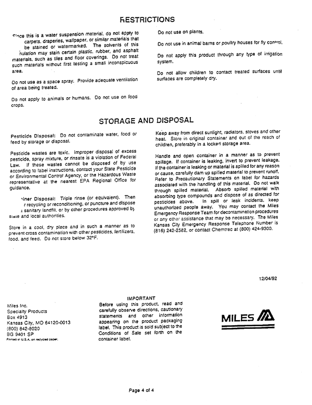 Miles Inc., Specialty Products,  Product Label for Insecticide Baygon Emulsifiable Concentrate (contains 14.7% propoxur). Kansas City, MO, December 4, 1992, 4 p.