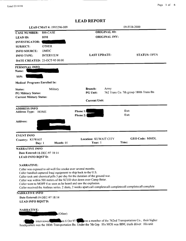   Lead Sheet #8098, Interview with 762nd Transportation Co. truck driver, October 6, 1997.
