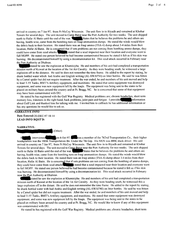   Lead Sheet #8098, Interview with 762nd Transportation Co. truck driver, October 6, 1997.