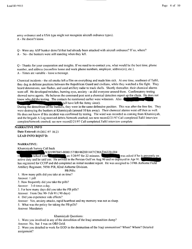   Lead Sheet #9415, Interview with 319th airborne Field Arty Regiment targeting/intell. specialist, May 20, 1997.