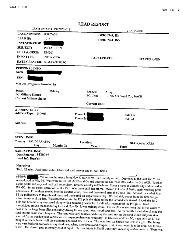 Lead Sheet #10181, Interview with 1015th Adjutant General (Postal) Company soldier, December 18, 1997;