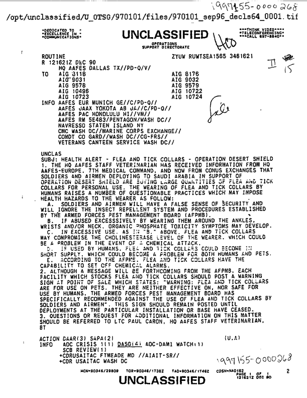 Army Air Force Exchange Service, �Health Alert - Flea and Tick Collars - Operation Desert Shield,� December 12, 1990, p. 1.
