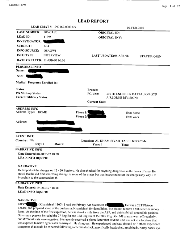   Lead Sheet #11395, Interview with 307th Engineer Battalion platoon leader, September 30, 1998.