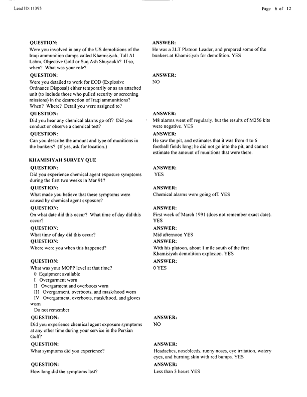   Lead Sheet #11395, Interview with 307th Engineer Battalion platoon leader, September 30, 1998.