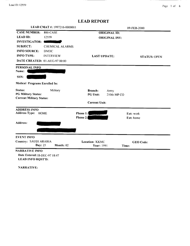   Lead Sheet #12559, Interview with 210th MP Co. mechanic, December 18, 1997.