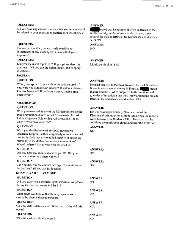   Lead Sheet #12644, Interview with 53rd Quartermaster Detachment mechanic supervisor, September 8, 1997.