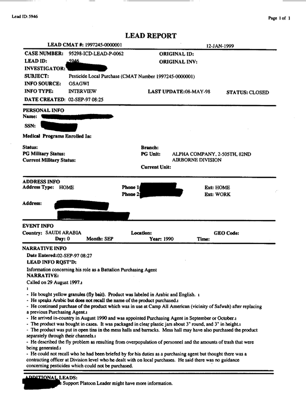 Lead Sheet #5946, Interview with an 82nd Airborne Division executive officer , September 2, 1997.