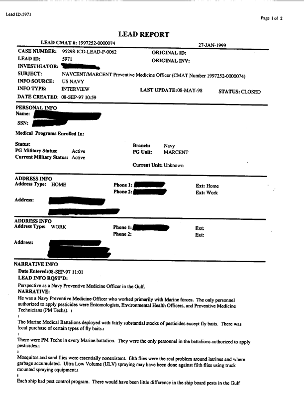 Lead Sheet #5971, Interview with Navy/Marine Central Command preventive medicine officer, September 8, 1997, p. 1.