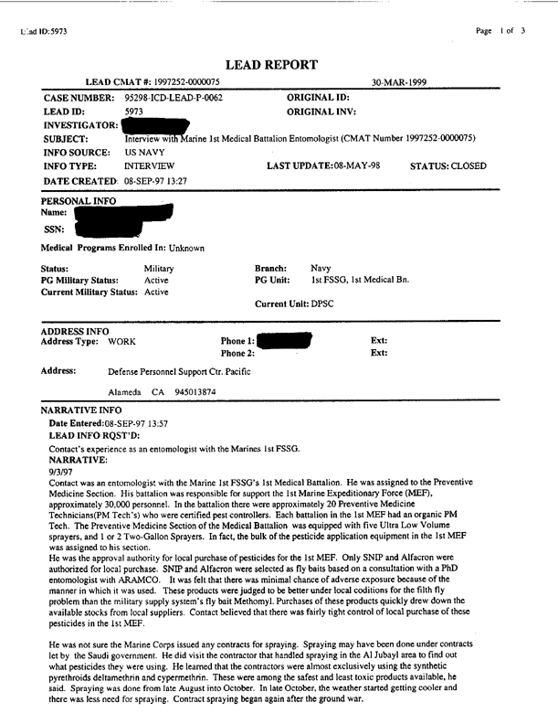 Lead Sheet #5973, Interview with Marine 1st Medical Battalion entomologist, September 3, 1997, p. 1.