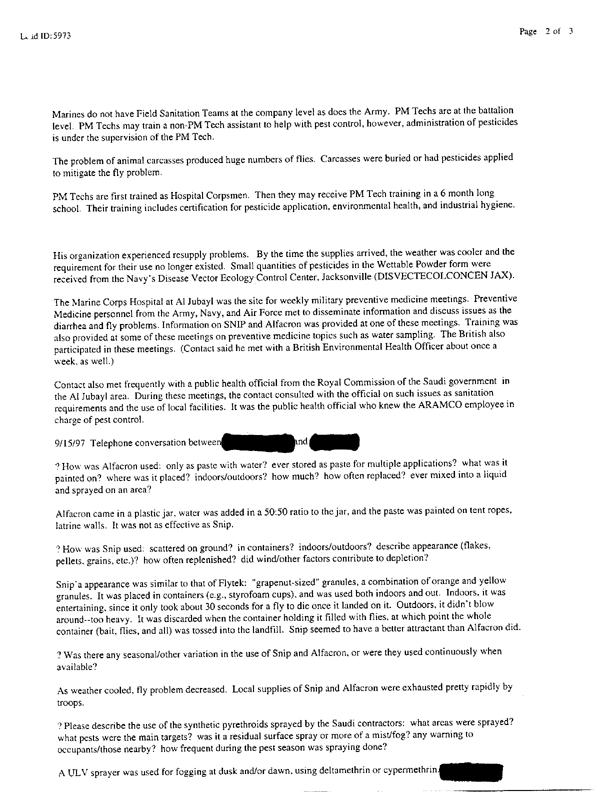 Lead Sheet #5973, Interview with Marine 1st Medical Battalion entomologist, September 3, 1997, p. 1.