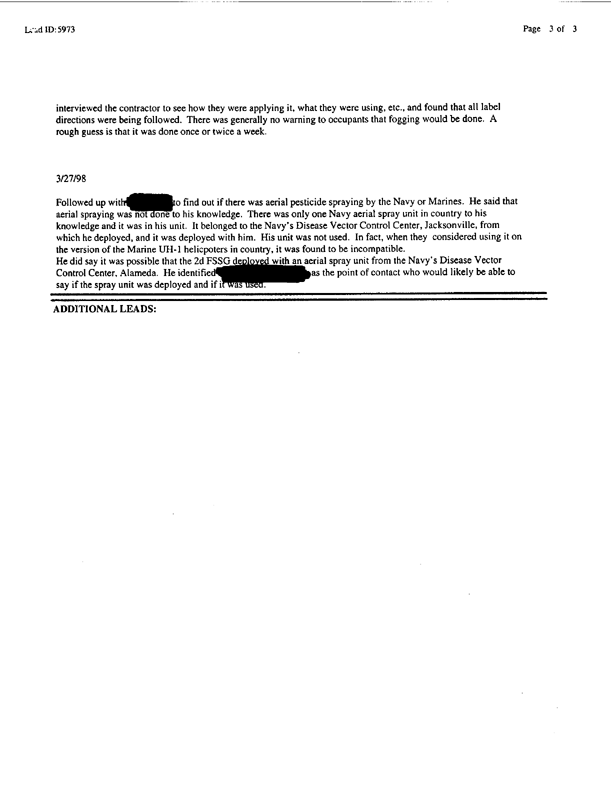 Lead Sheet #5973, Interview with Marine 1st Medical Battalion entomologist, September 3, 1997, p. 1.