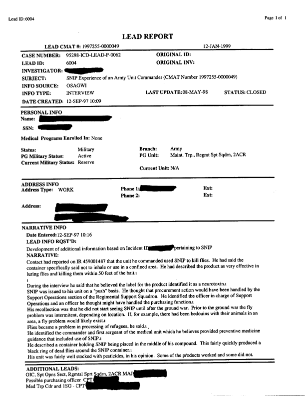   Lead Sheet #6004, Interview with Gulf War veteran, September 12, 1997.