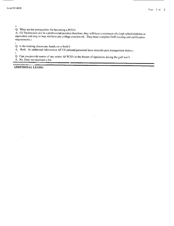   Lead Sheet #6028, Interview with Air Force civil engineer, September 16, 1997.