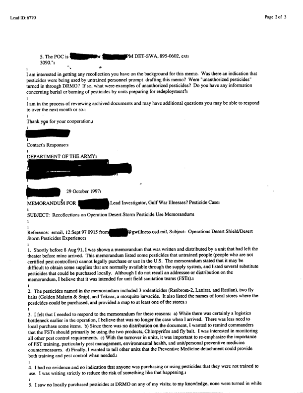 Lead Sheet #6770, Interview with an Army Central Command staff entomologist, November 3, 1997.