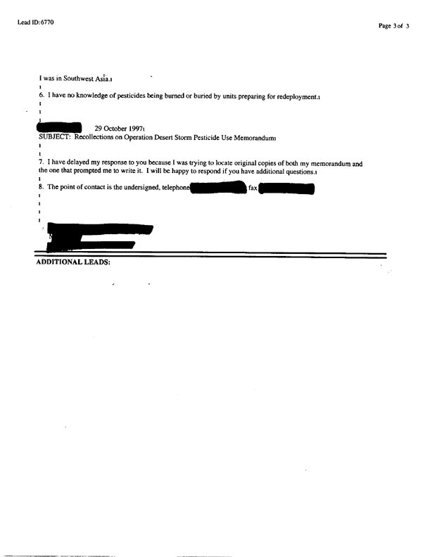 Lead Sheet #6770, Interview with an Army Central Command staff entomologist, November 3, 1997.