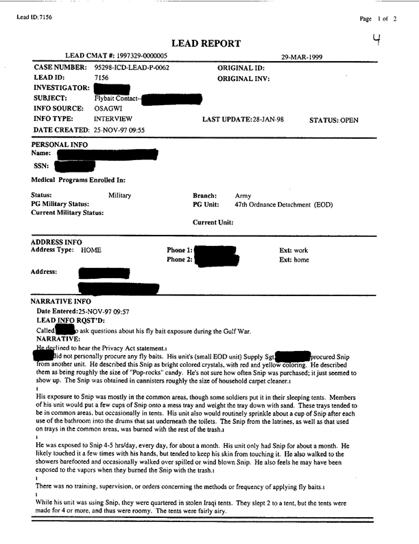 Lead Sheet #7156, Interview with 47th Ordnance Detachment veteran, November 25, 1997, p. 1
