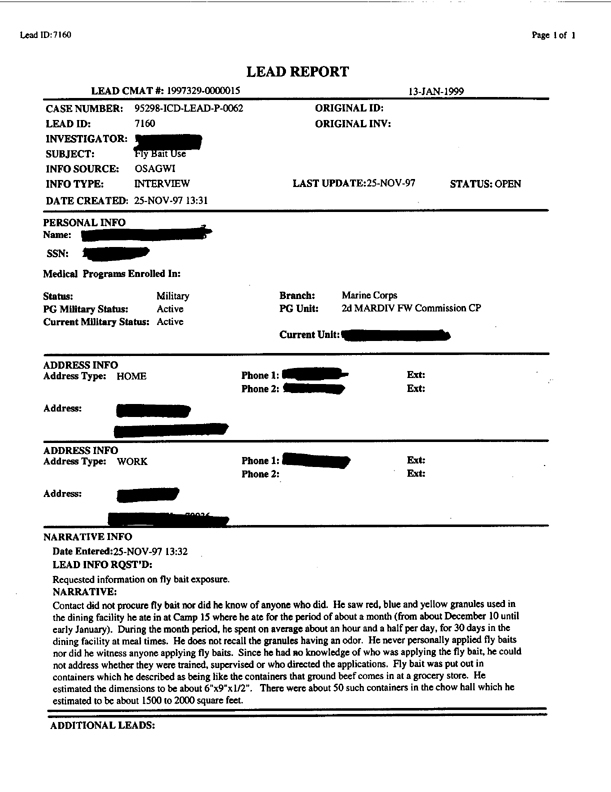   Lead Sheet #7160.  Interview with member of 2nd Marine Division FW Commision CP, November 25, 1997, p. 1.