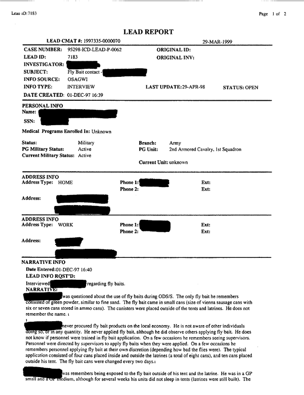 Lead Sheet #7183, Interview with 2nd Armored Cavalry Regiment veteran, December 1, 1997, p. 1-2.